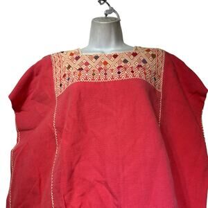 Vintage Mexican Handwoven Red Huipil Blouse Embroidered Geometric Ethnic Top